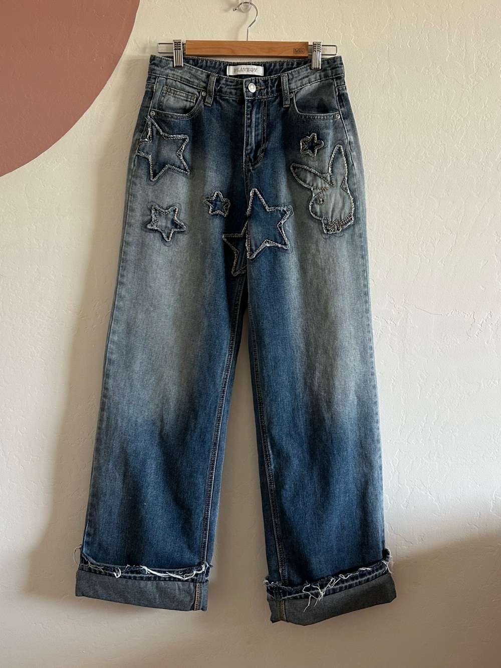 PLAYBOY Distressed Hem Cuffs Star & Bunny Wide-Leg Blue Denim Jeans size 5